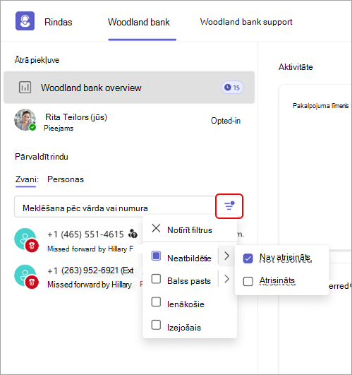 Ekrānuzņēmums, kurā redzama zvanu filtra detalizēta informācija programmā Rindas.
