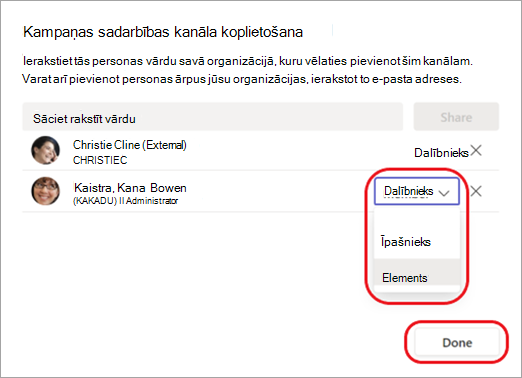 Ekrānuzņēmums, kurā redzams, kā mainīt kanāla dalībnieku uz kanāla īpašnieku