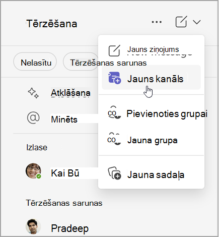 Microsoft Teams tērzēšanas ekrānuzņēmums ar jauna ziņojuma, jauna kanāla vai jaunas grupas izveides opcijām. Tai ir arī iespēja pievienoties komandai vai izveidot jaunu sadaļu.