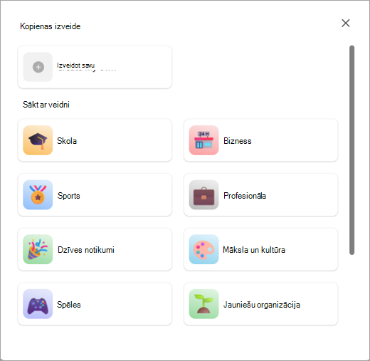 Ekrānuzņēmums, kurā redzamas pogas, kas pieejamas, lai izveidotu kopienu ar vai bez veidnes Microsoft Teams kopienās (bezmaksas).