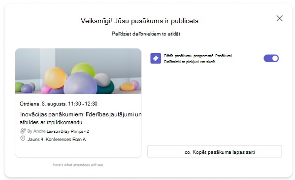 Ekrānuzņēmums ar apstiprinājuma ziņojumu pēc Teams notikuma publicēšanas