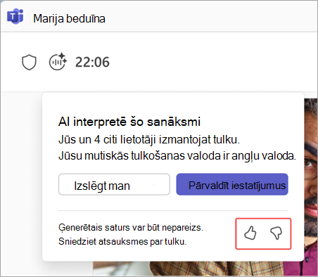 Ekrānuzņēmums, kurā izceltas tulka atsauksmju pogas.