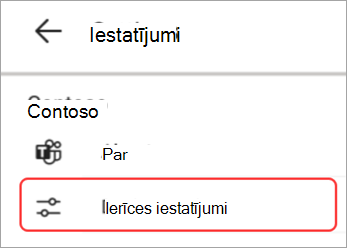 Ekrānuzņēmums ar ierīces iestatījumu lietotāja interfeisu, kas izcelts Teams panelī