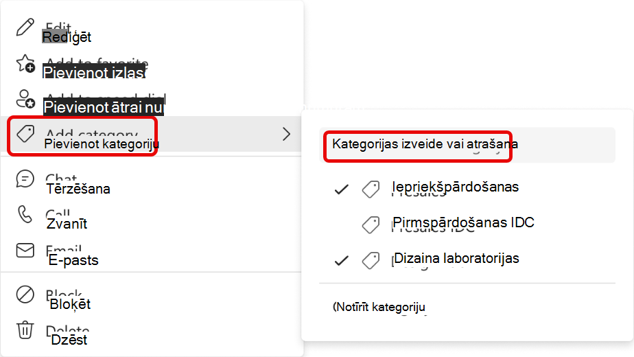 Izvēlnes Kontaktpersonas pievienošana kategorijai ekrānuzņēmums