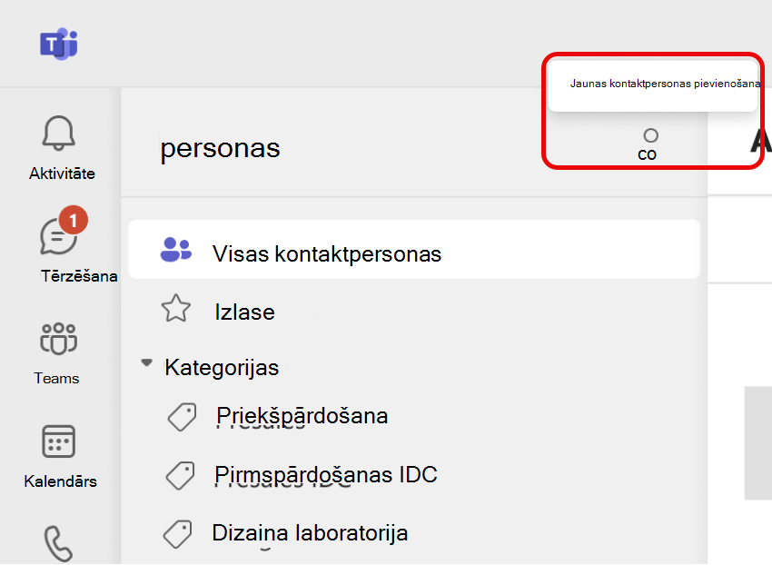Ekrānuzņēmums ar jaunas kontaktpersonas pievienošanas ikonu programmā Teams People