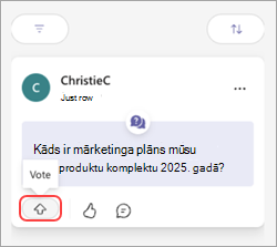 Teams ziņojums ar pogu Balsot un augšupvērsto bultiņu.