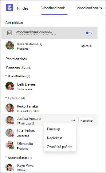 Rindu pārvaldības sistēma, kas rāda aģentu statusus un opcijas pārraudzīt, atteikties vai zvanīt.