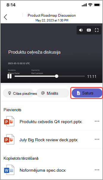 Skatiet koplietojamo saturu Teams sapulces kopsavilkumā.