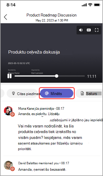 Skatiet vārdu pieminēšanas gadījumus Teams sapulces kopsavilkumā.