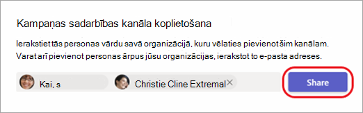 Ekrānuzņēmums, kurā redzams, kā koplietot kanālu ar iekšējiem un ārējiem cilvēkiem