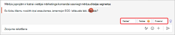 Ekrānuzņēmums, kurā redzamas ieteiktās atbildes tērzēšanā
