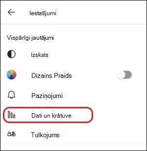 Teams mobilo datu un krātuves iestatījums