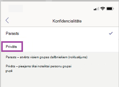 Privātā kanāla iestatījumi.