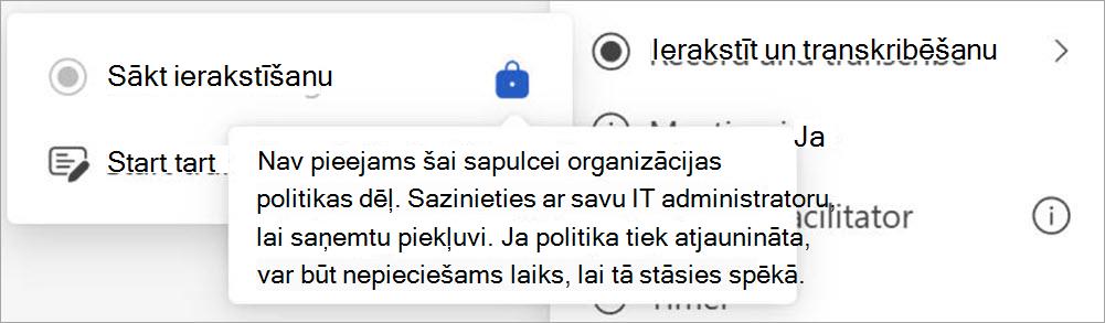 Ekrāns ar ierakstīšanas un transkripcijas pogām, parādot uznirstošo logu, kas norāda, ka ierakstīšanu var sākt tikai administratori.