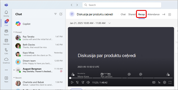 Ekrānuzņēmums, kurā sapulces tērzēšanā redzama cilne Kopsavilkums.
