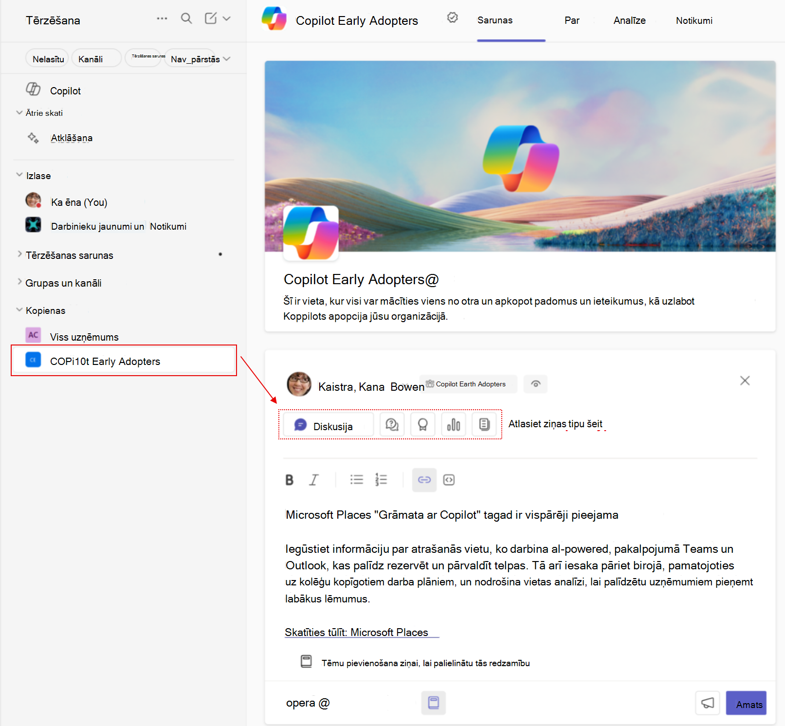 Ekrāna vāciņš, kas parāda, kā izskatās jauna Engage kopienas ziņa pakalpojumā Teams