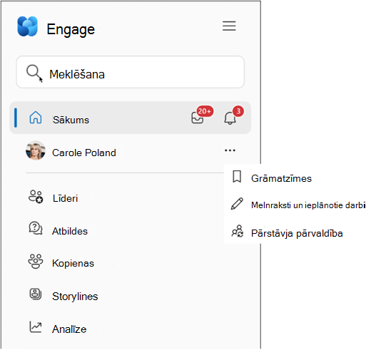 Uznirstošā izvēlne Viva Engage lietotājiem