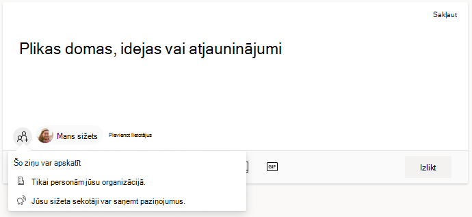 Saskarne personu pievienošanai sižeta ziņai pakalpojumā Viva Engage