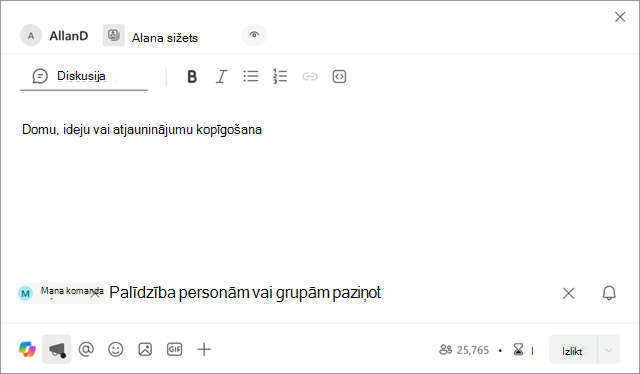 Ekrānuzņēmums, kurā redzams, kur jauna sižeta paziņojumā tiek parādīta programma Manas Teams