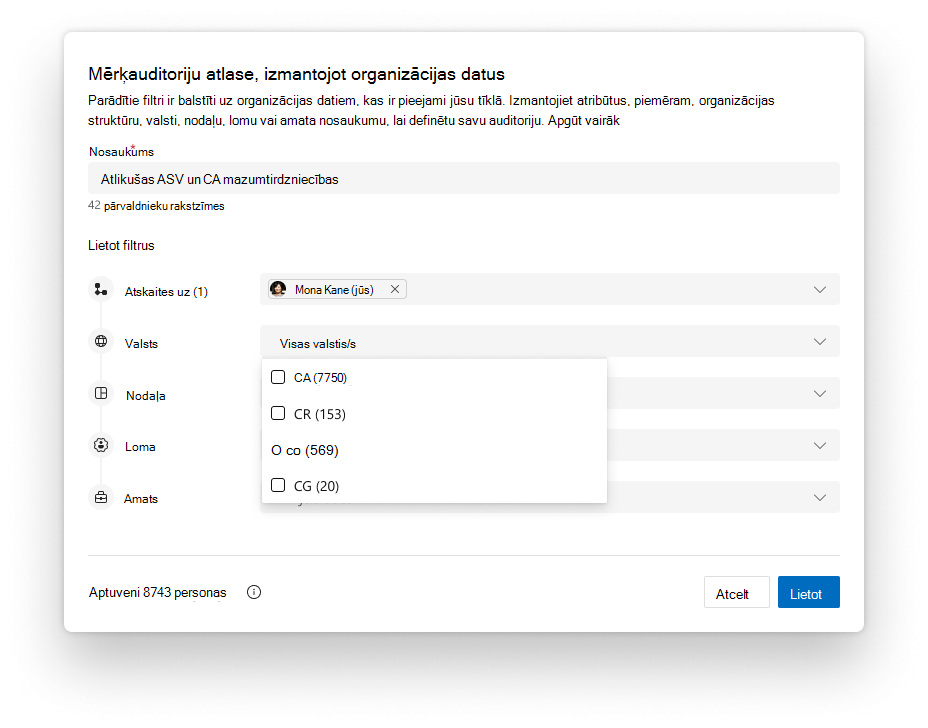 Image of step in Storyline Notifications Audience definition flow to target people using organizational data