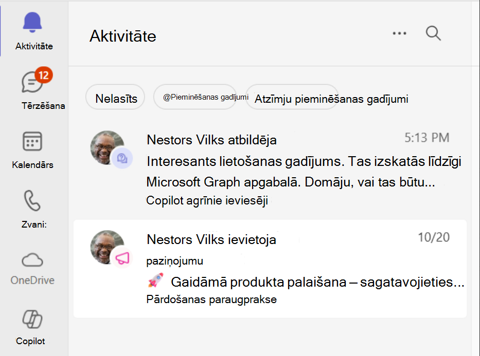 Ekrāna vāciņš, kurā redzams kopienas saturs Teams darbību plūsmā