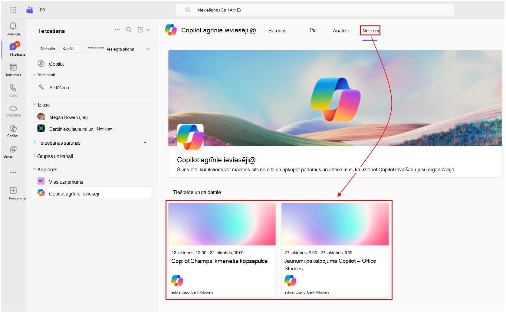 Ekrānuzņēmums, kurā redzams, kā varat skatīt Teams kopsapulces un notikumus tieši no kopienas