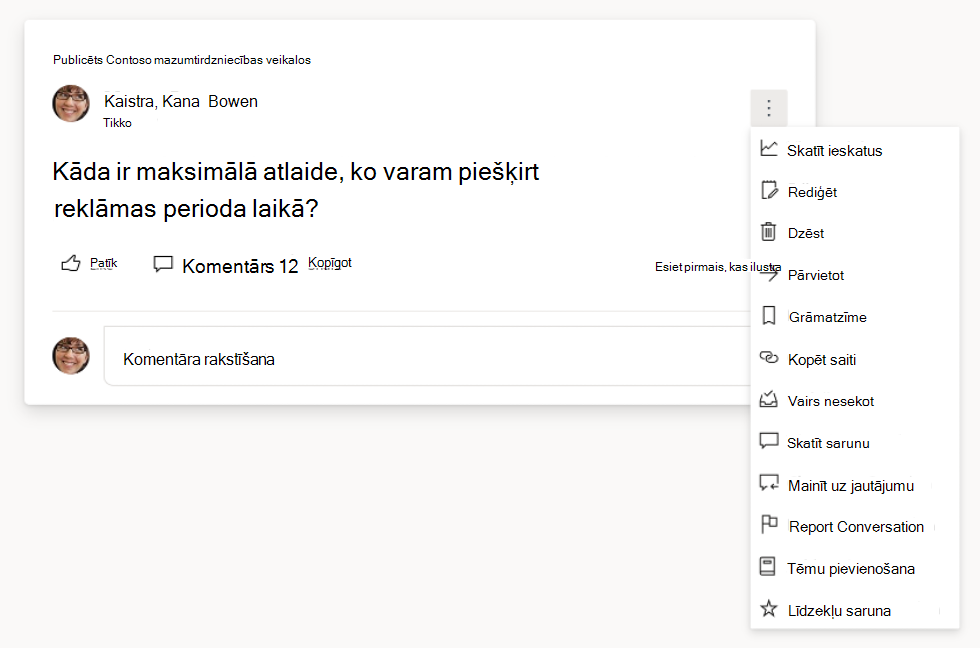 Ekrānuzņēmums, kurā redzamas jautājumu un sarunu opcijas