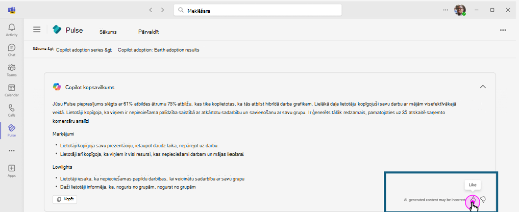 Ekrānuzņēmums, kurā redzama lietotājiem pieredze, kad lietotāji var iesniegt atsauksmes par Copilot ģenerēto atskaites kopsavilkumu