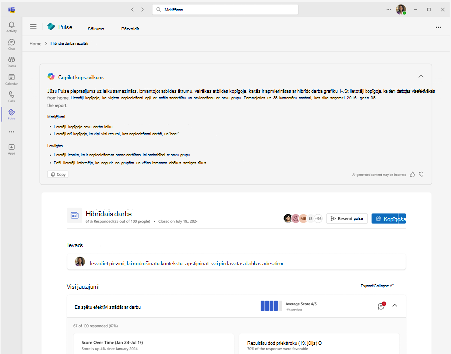 Pulse atskaites ekrānuzņēmums, kurā redzams kopsavilkums, kas ģenerēts, izmantojot copilot