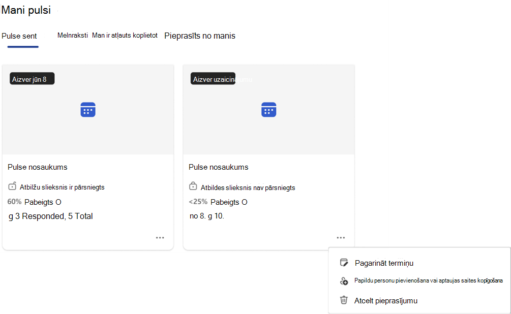 ekrānuzņēmums ar nolaižamajām izvēlnēm ar darbībām, kuras varat veikt atvērtā pulse