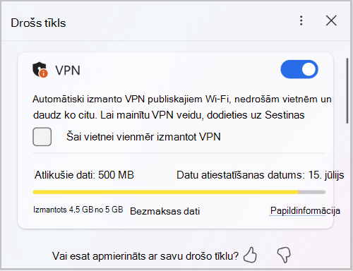 Ekrānuzņēmums ar Edge drošā tīkla datu ierobežojumu