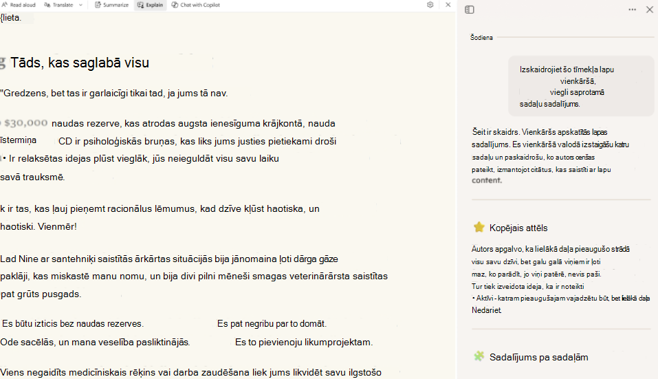 Ekrānuzņēmums ar readingmode-copilot.