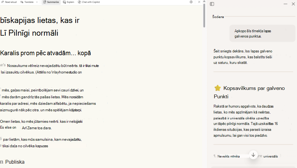 Ekrānuzņēmums ar Readingmode kopsavilkumu.