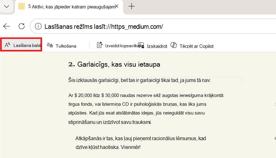 Ekrānuzņēmums ar lasīšanu balsī.