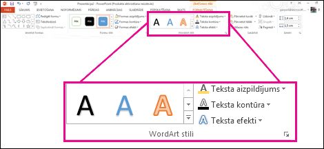 WordArt stilu komandas lentē