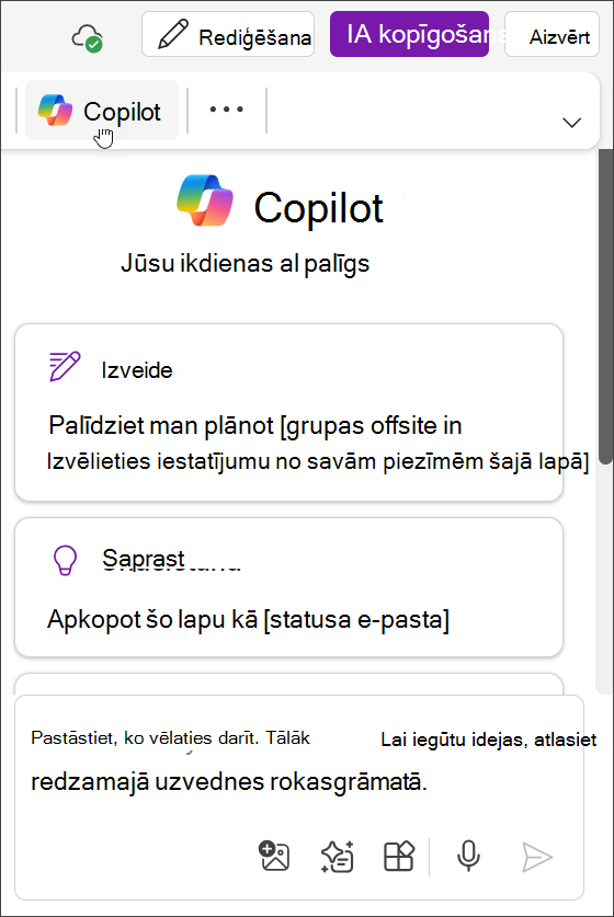 Piekļuve Copilot pogai programmā OneNote darbam ar Teams