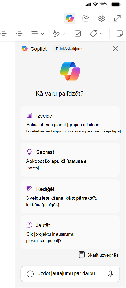 Piekļuve pogai Copilot programmā OneNote darbam ar iOS