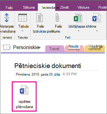 Ekrānuzņēmums, kurā parādīts, kā pievienot Visio failu lapai programmā OneNote 2016.