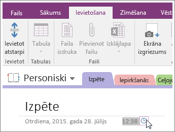 Ekrānuzņēmums, kurā parādīts, kā mainīt lapas laikspiedolu programmā OneNote 2016.