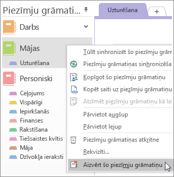 Ekrānuzņēmums, kurā parādīts, kā aizvērt piezīmju grāmatiņu programmā OneNote 2016.