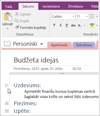 Ekrānuzņēmums, kurā parādīts, kā sakļaut struktūru programmā OneNote 2016.