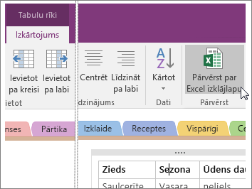 Ekrānuzņēmums, kurā redzama poga Pārvērst par Excel izklājlapu programmā OneNote 2016.