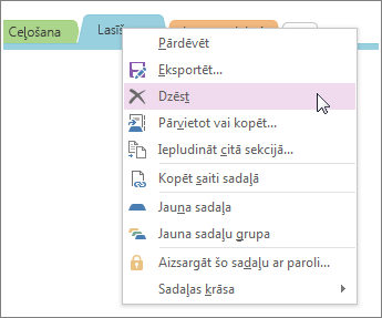 Screenshot of how to delete a section in OneNote 2016.