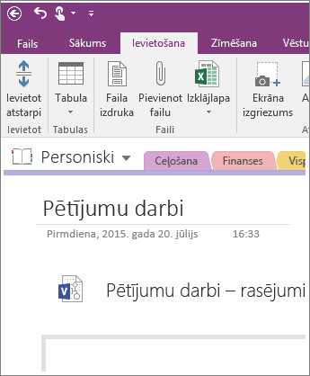 Ekrānuzņēmums, kurā parādīta jaunas Visio shēmas ievietošana programmā OneNote 2016.