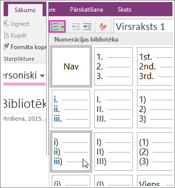 Ekrānuzņēmums, kurā parādīts, kā pievienot numerāciju lapā programmā OneNote 2016.
