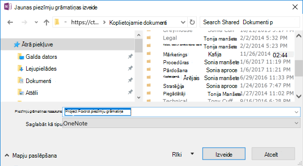 OneNote darbam ar Windows 2016 dialoglodziņš Jaunas piezīmju grāmatiņas izveide