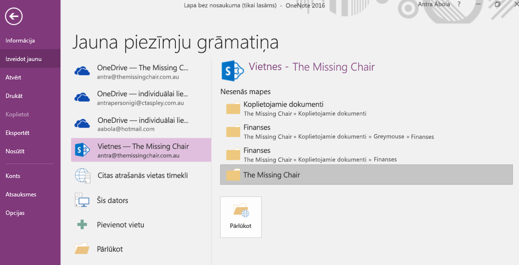 OneNote darbam ar Windows 2016 jaunas piezīmju grāmatiņas mapes atlases interfeiss