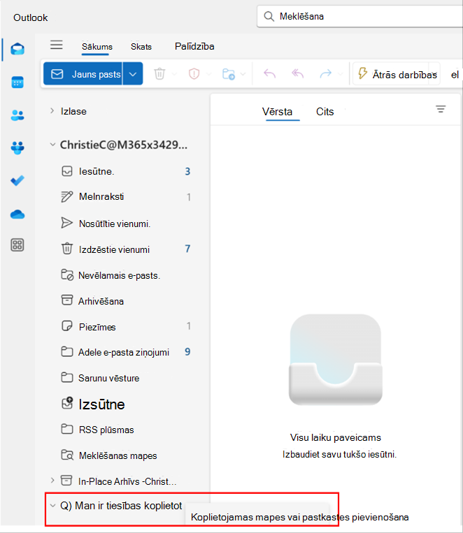 Ekrānuzņēmums ar uznirstošo logu programmā Outlook koplietojamas mapes vai pastkastes pievienošanai