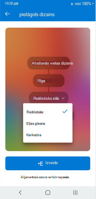 Ekrāns, kurā redzams nolaižamais atlasītājs, kas tiek izmantots, lai pielāgotu pielāgota dizaina konfigurējamos atribūtus programmā Outlook darbam ar Android