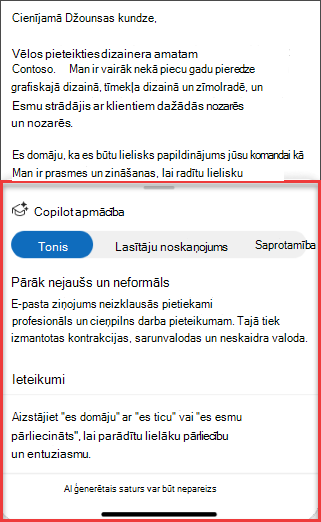 Copilot ieteikumi toņu, skaidrības un lasītāju noskaņojumam programmā Outlook mobilajām ierīcēm